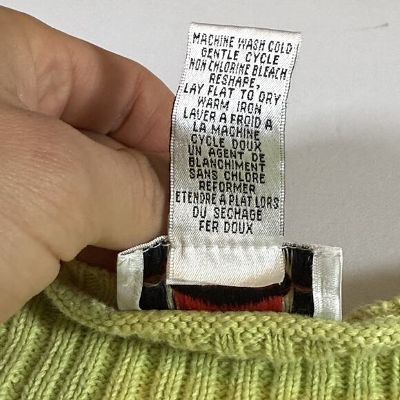 Vintage Talbots Size L Cotton Lime Green Cable Knit Logo Oversized Sweater - Picture 10 of 10